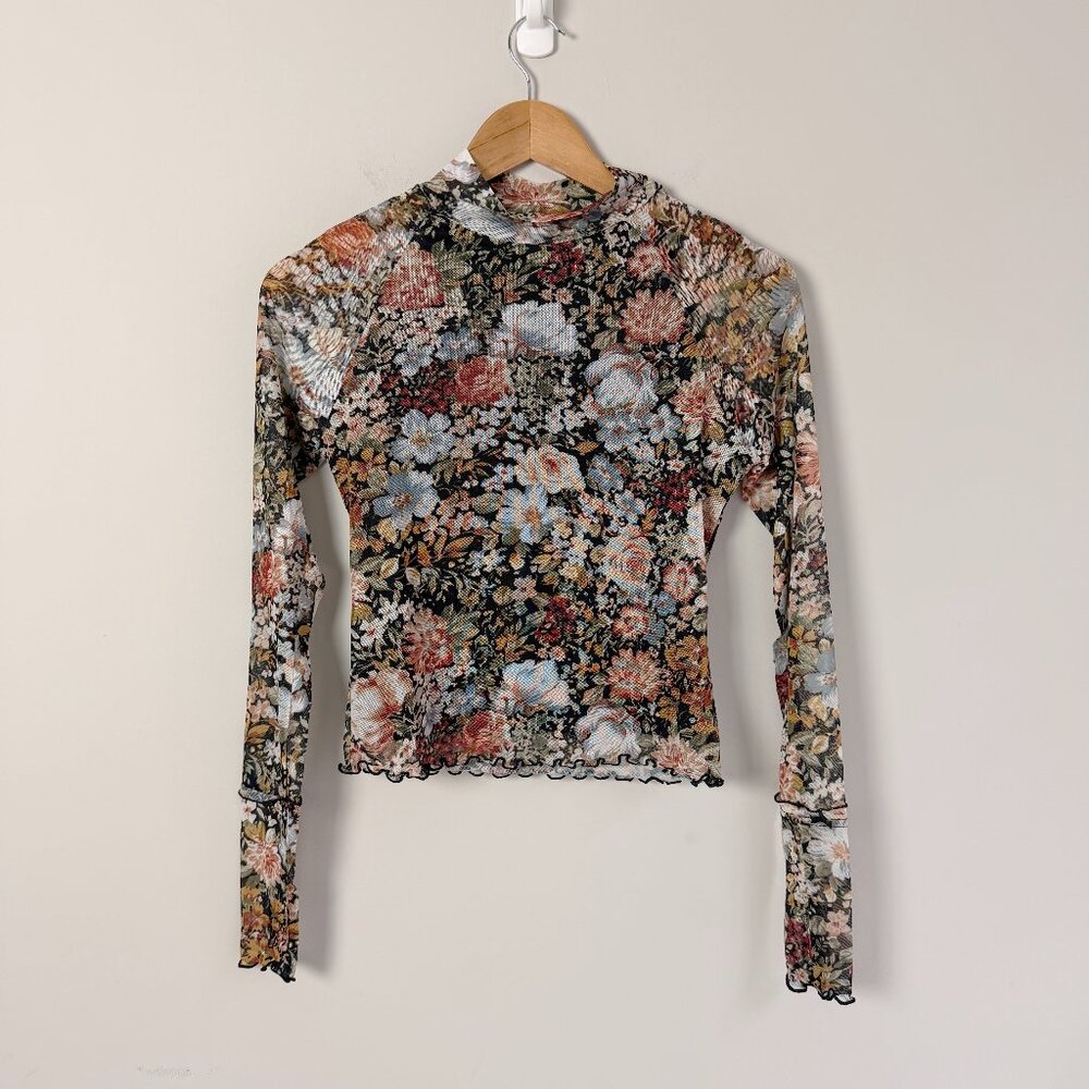 Promesa Autumn Blossoms Mock-Neck Black Floral Mesh Long-Sleeve Top